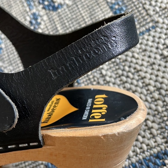 Swedish Hasbeens Black Braided Sky High Peep toe Wooden Stapled Clogs/Sandals - Picture 15 of 16